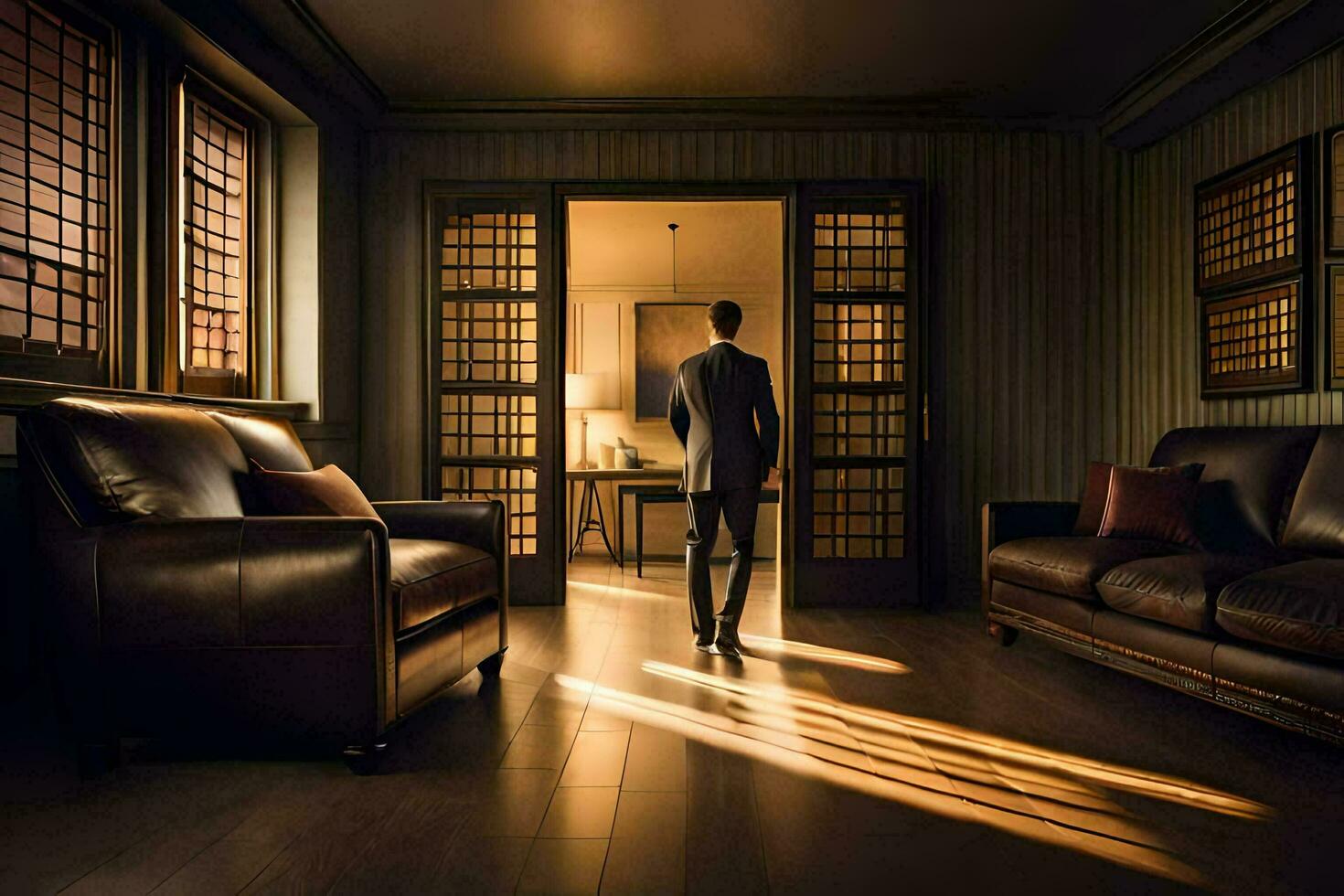 a man in a suit is walking through a room with leather furniture. AI-Generated photo