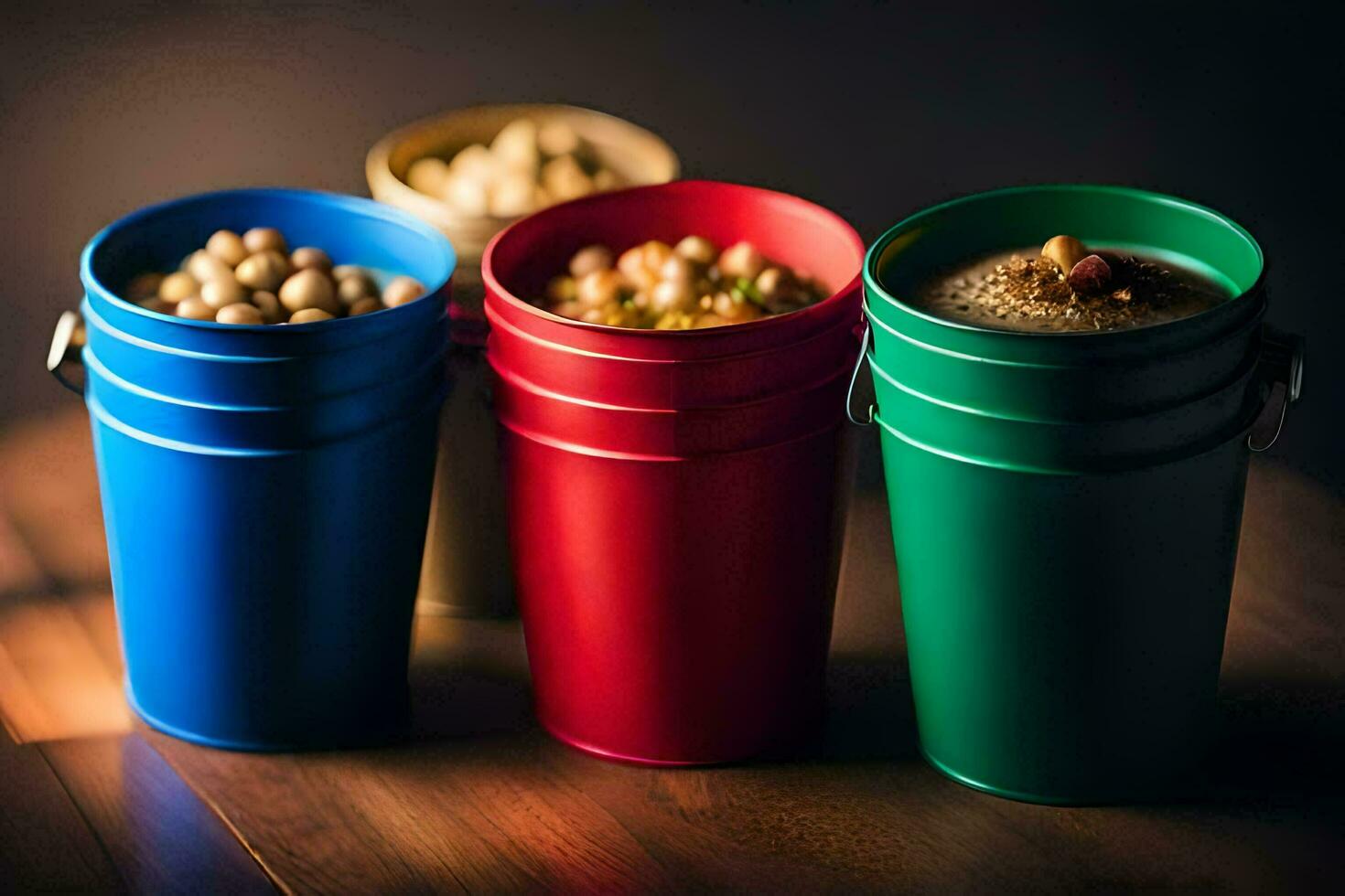 three colorful buckets with nuts and nuts in them. AI-Generated photo