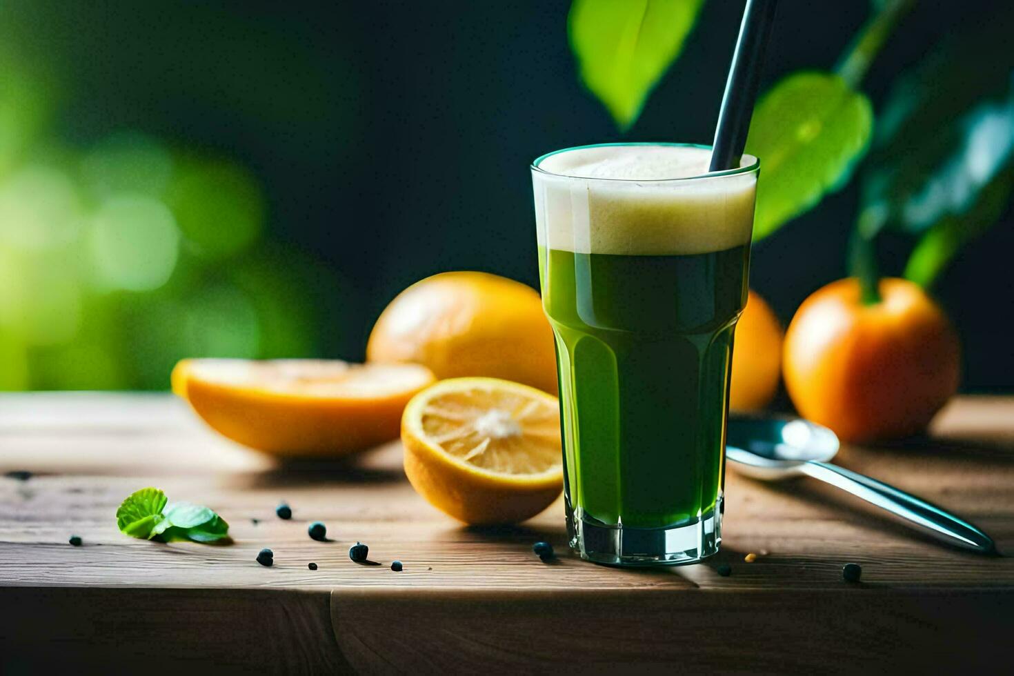 a glass of green juice with lemon and oranges. AI-Generated photo