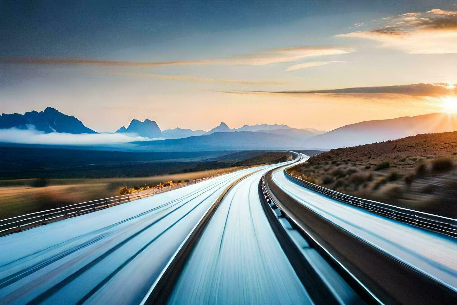 a long exposure photograph of a highway with mountains in the background. AI-Generated photo