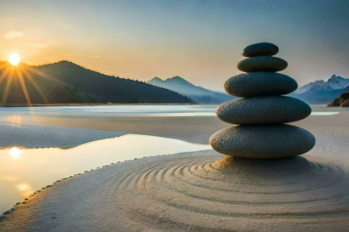 a stack of rocks in the sand at sunset. AI-Generated photo