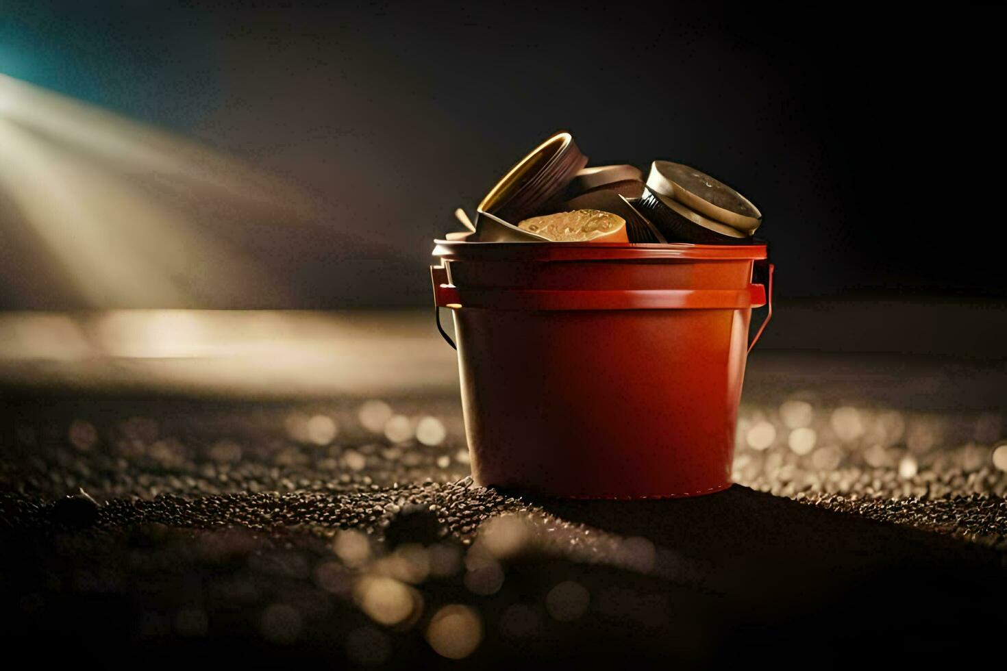 a red bucket filled with coins on a dark background. AI-Generated photo
