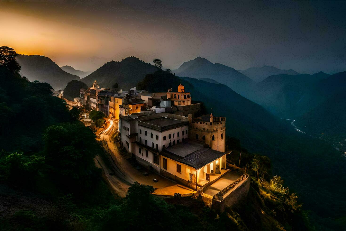 foto fondo de pantalla el cielo, montañas, el ciudad, el atardecer, el montañas, el ciudad,. generado por ai