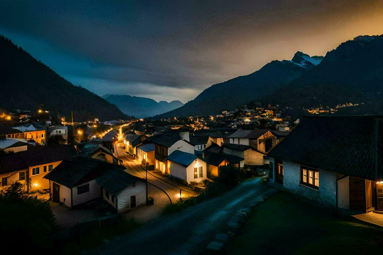 a village at night with lights on in the background. AI-Generated photo