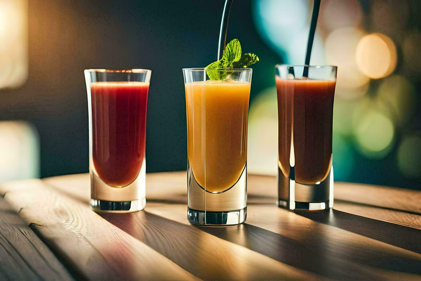 three glasses of juice on a wooden table. AI-Generated photo