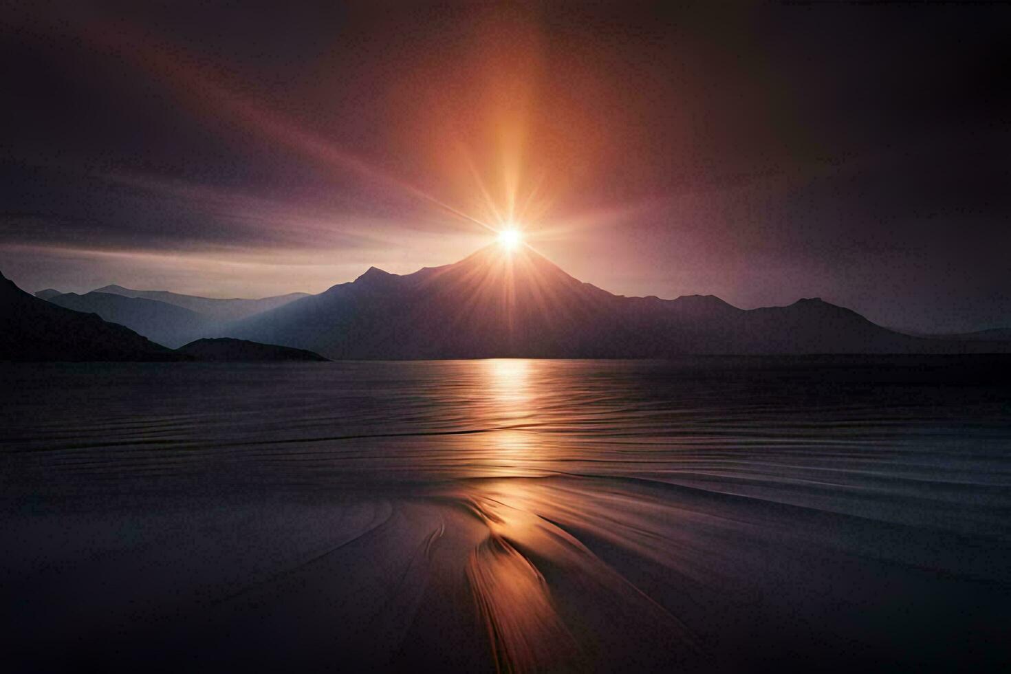 el Dom es brillante terminado un montaña y agua. generado por ai foto