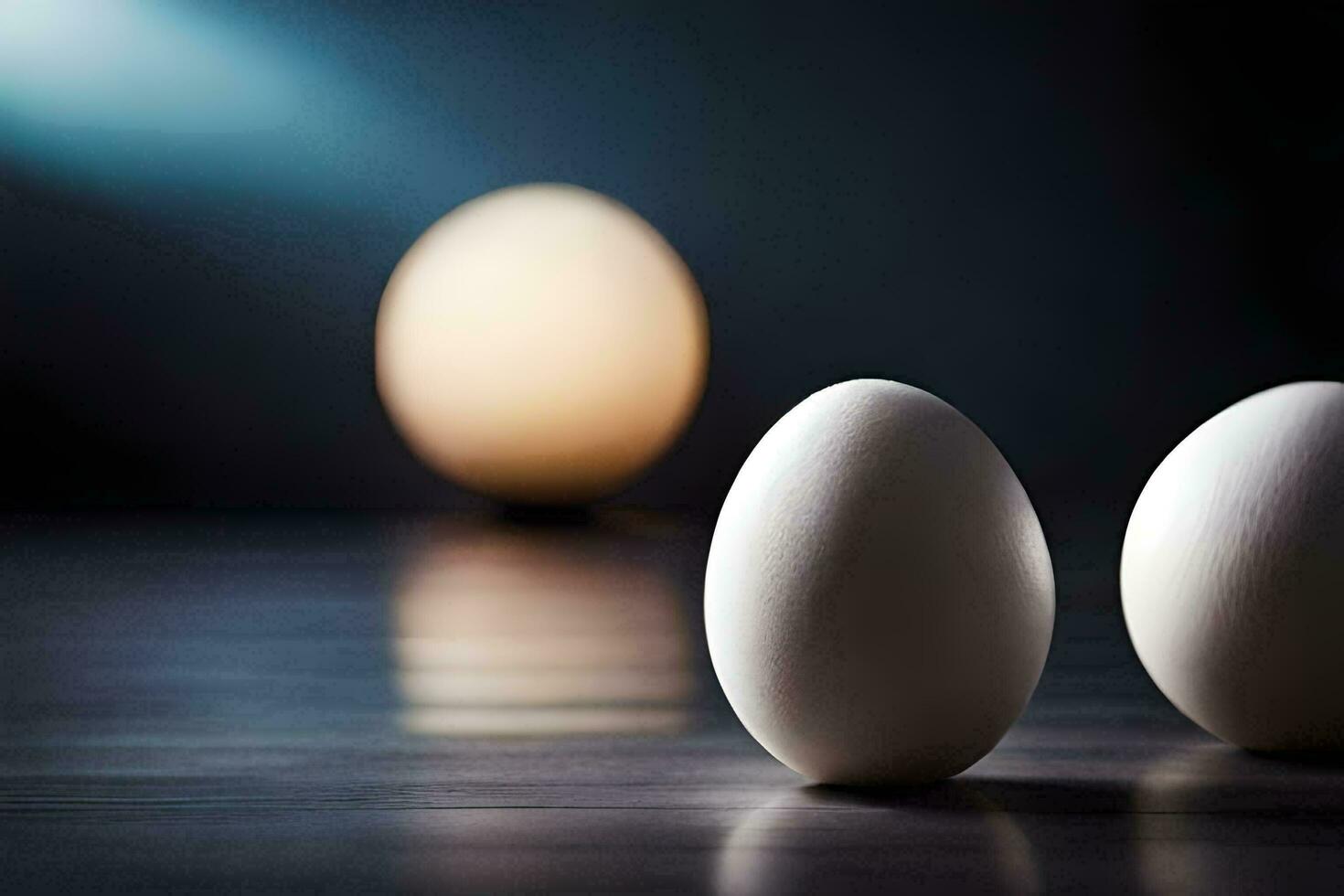 dos huevos en un mesa con un ligero en el antecedentes. generado por ai foto