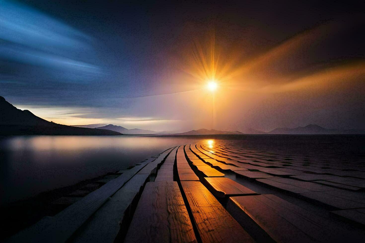 a long wooden pier with the sun shining over it. AI-Generated photo