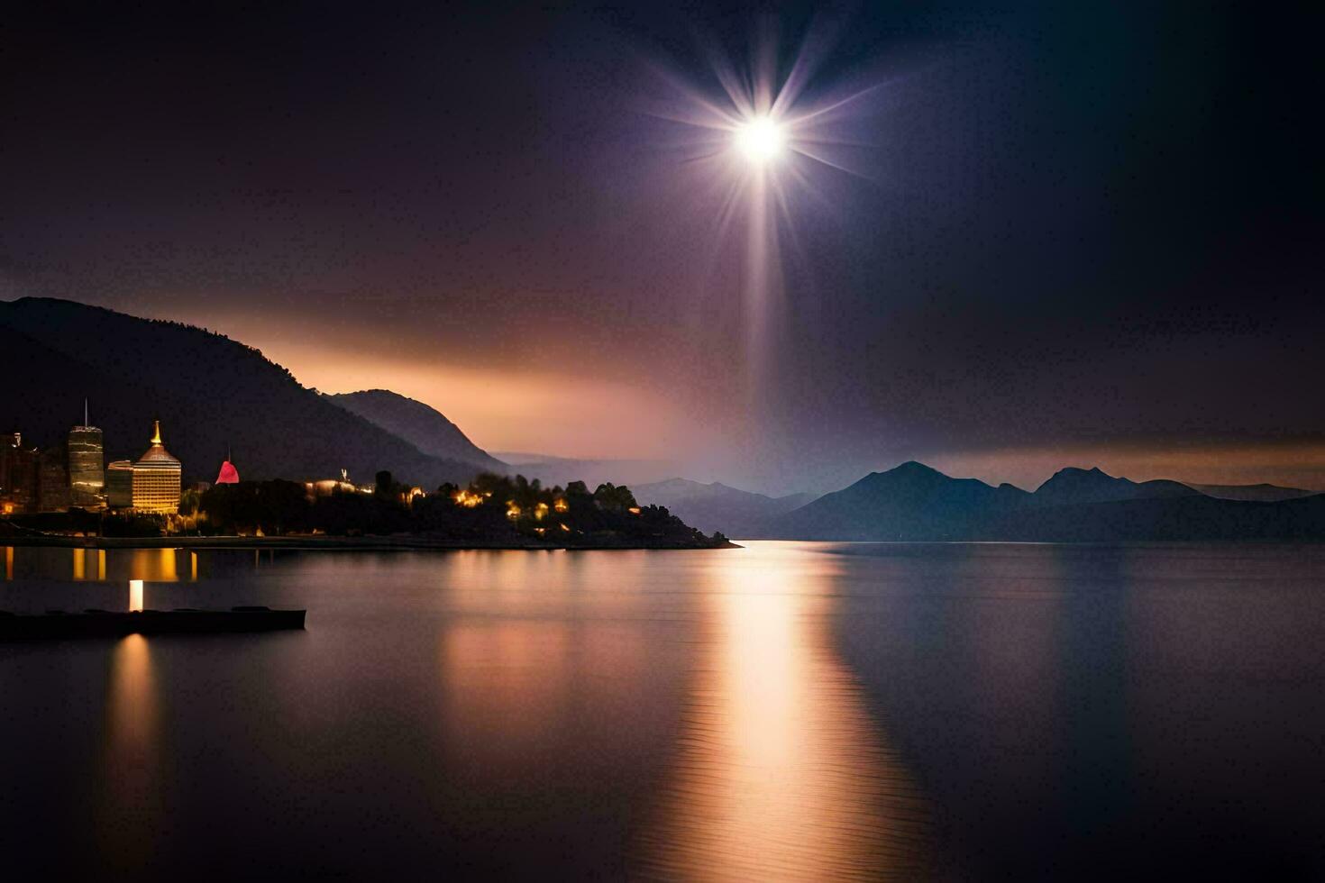 un hermosa noche cielo terminado un lago y montañas. generado por ai foto