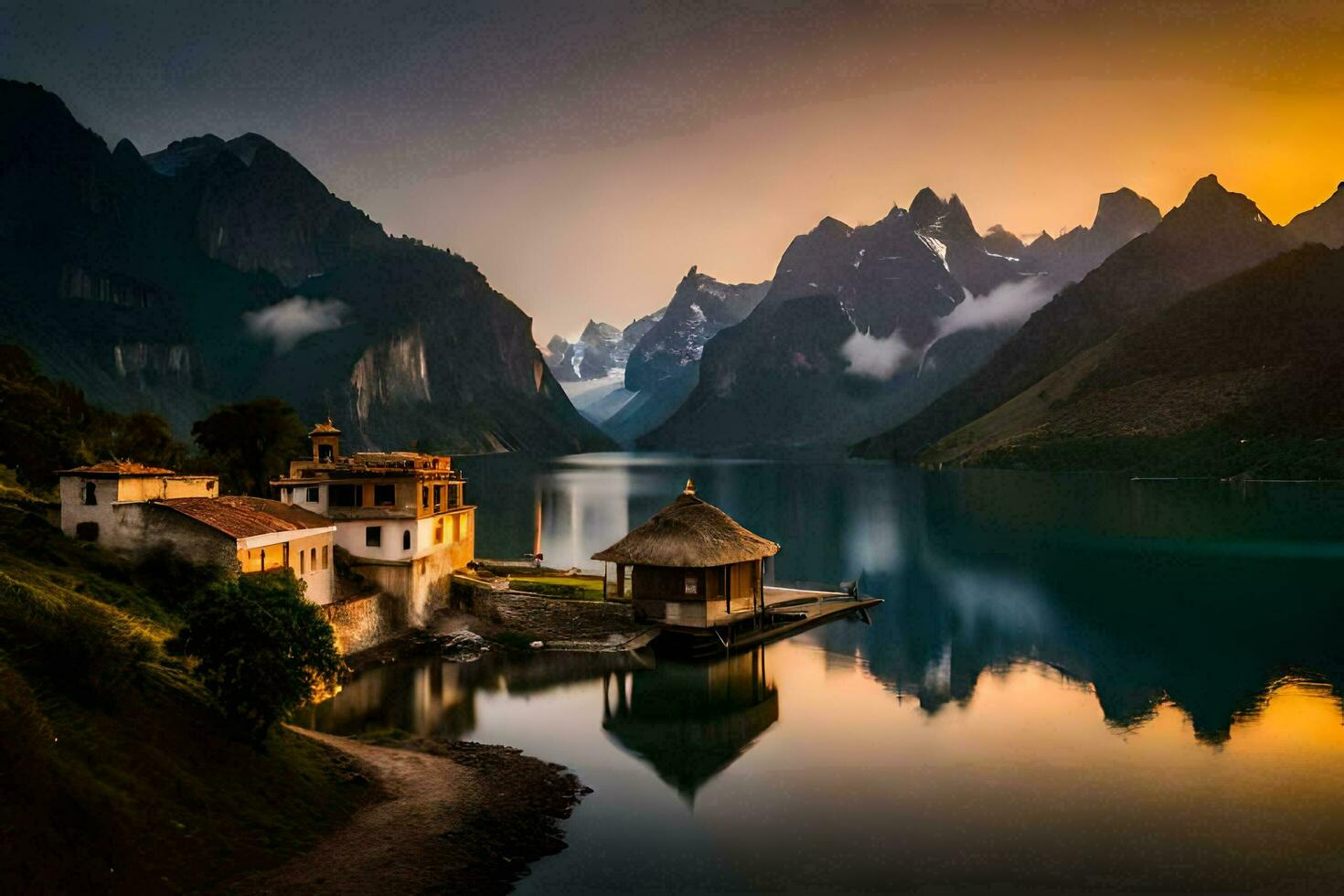 photo wallpaper the sky, mountains, lake, house, the mountains, the lake, the mountains. AI-Generated