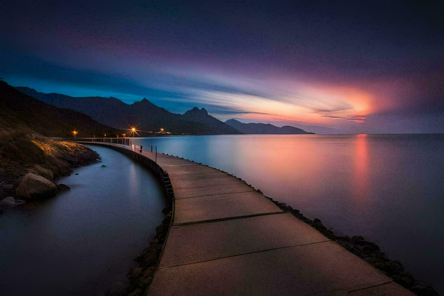a long exposure photograph of a path leading to the ocean. AI-Generated photo