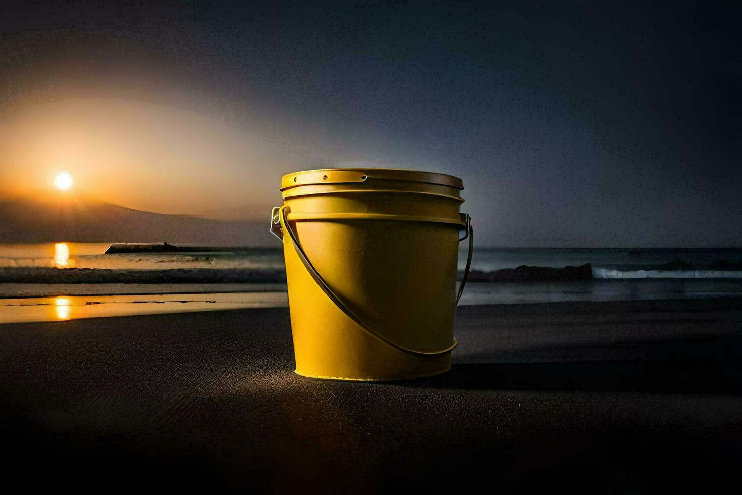 a yellow bucket sits on the beach at sunset. AI-Generated photo