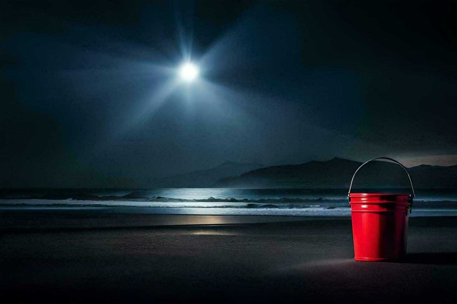 a red bucket sits on the beach at night. AI-Generated photo