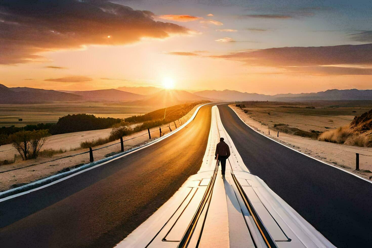 a person walking on a long road at sunset. AI-Generated photo