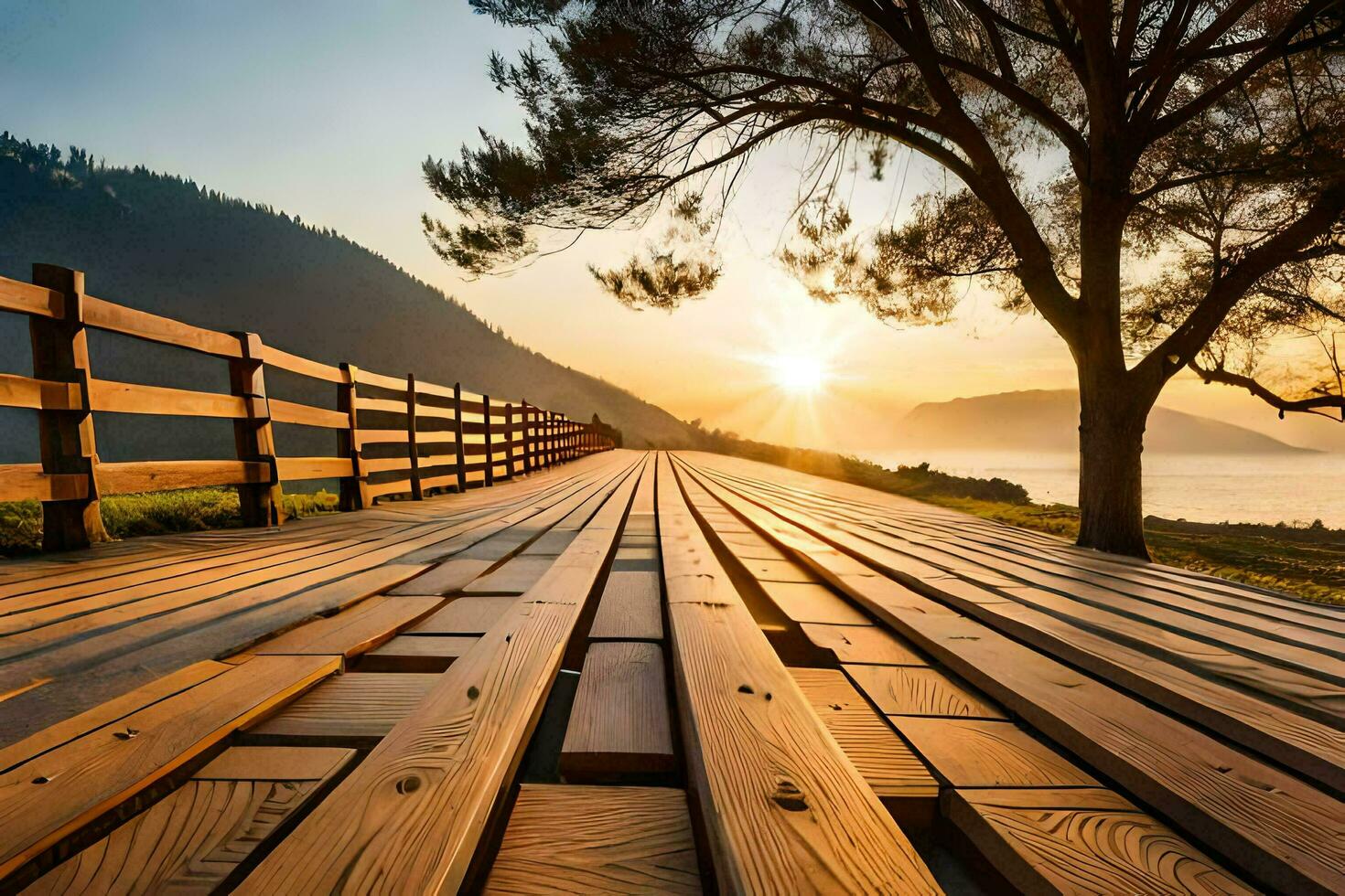a wooden bridge over a lake with the sun setting behind it. AI-Generated photo