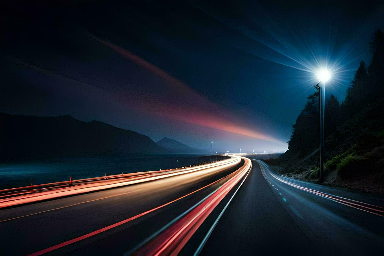 a long exposure photograph of a highway at night. AI-Generated photo