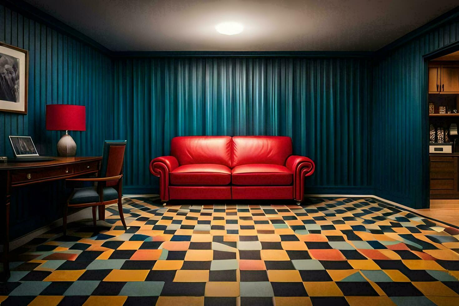 a room with a red couch and a checkered floor. AI-Generated photo