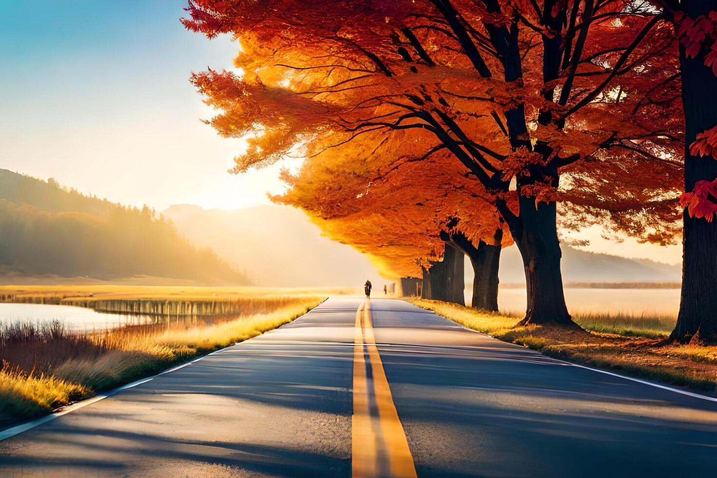 a road lined with trees and a lake in the background. AI-Generated photo