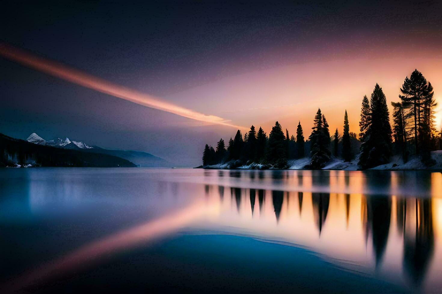 a beautiful sunset over a lake with trees. AI-Generated photo