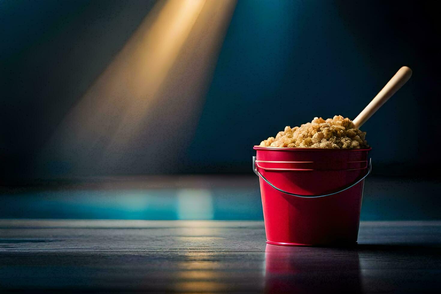 un Cubeta de arroz sentado en un mesa con un de madera cuchara. generado por ai foto