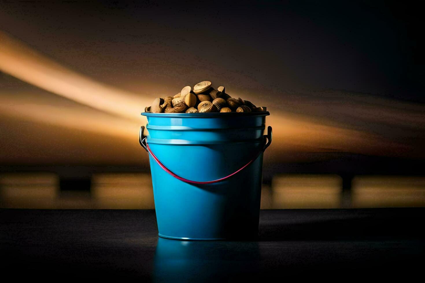 a blue bucket filled with nuts on a table. AI-Generated photo