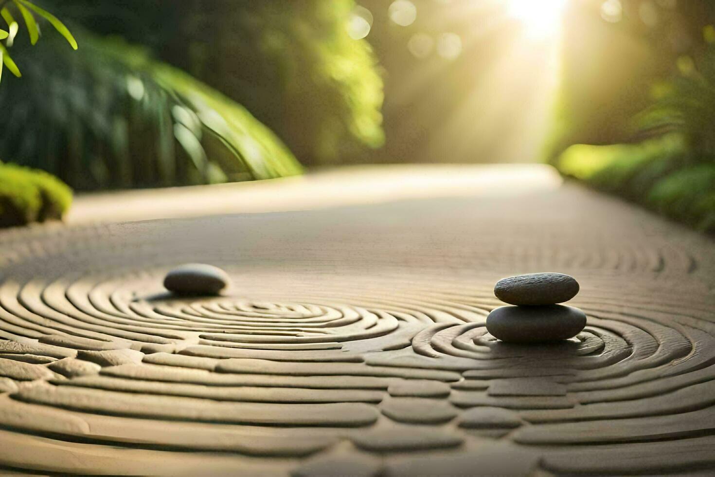 two stones are sitting on a path in the sun. AI-Generated photo