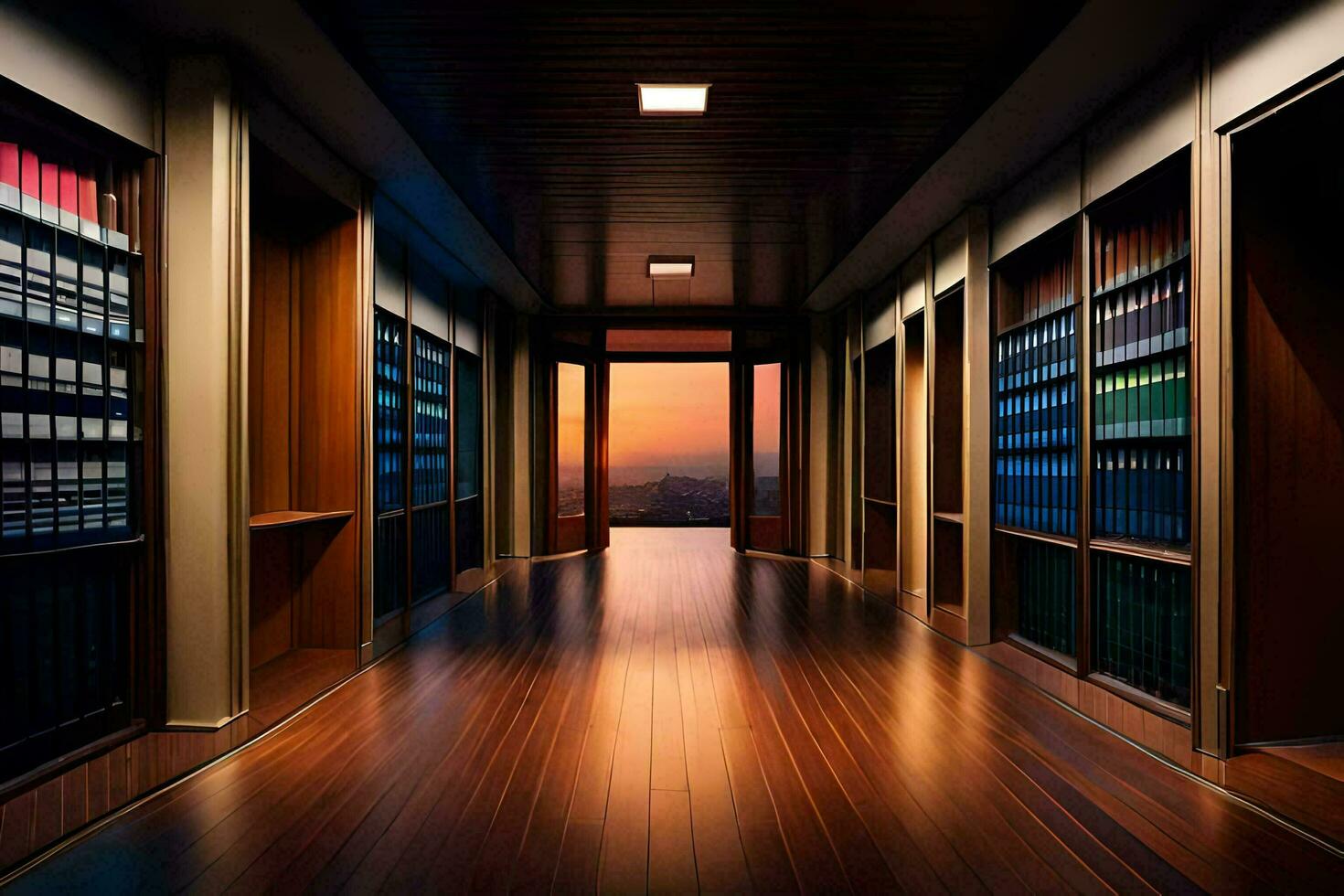 a long hallway with bookshelves and a sunset in the background. AI-Generated photo