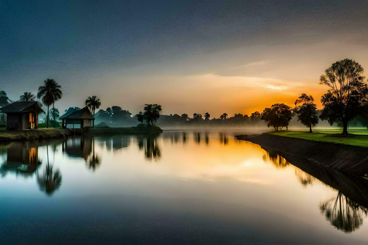 a lake with a house and trees at sunset. AI-Generated photo