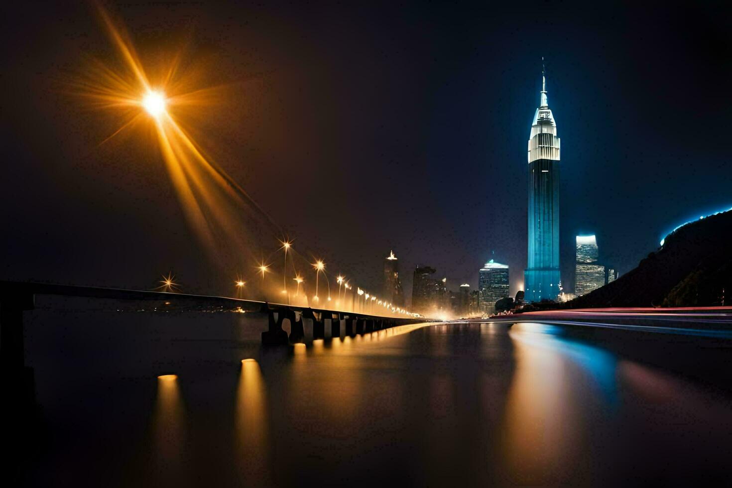 un largo exposición foto de un ciudad horizonte a noche. generado por ai