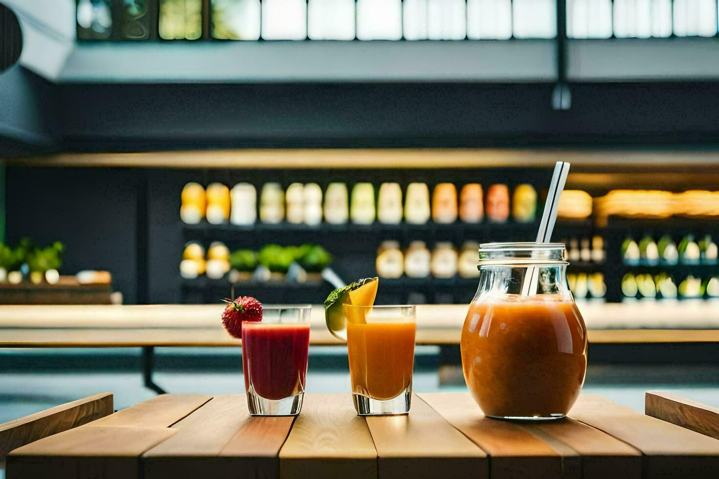 three glasses of juice sit on a wooden table. AI-Generated photo