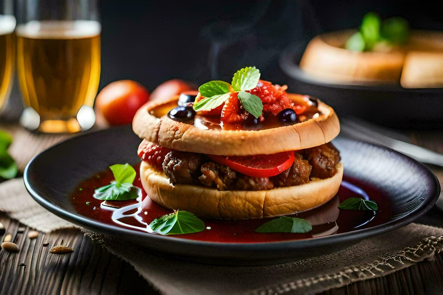 a hamburger with tomato and cheese on a plate. AI-Generated photo