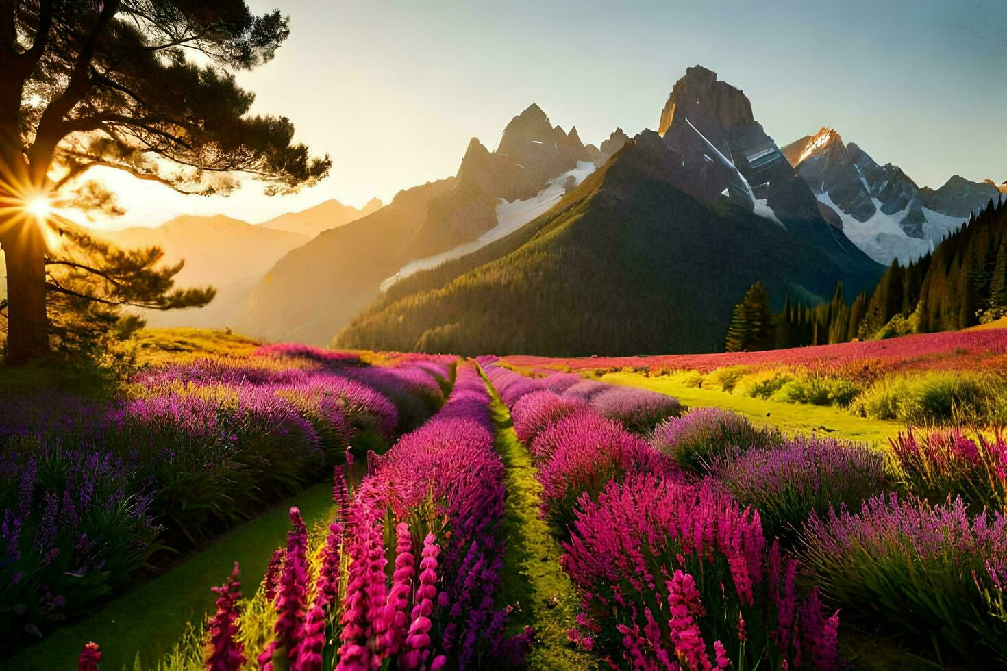 the sun shines over a field of lavender flowers. AI-Generated photo