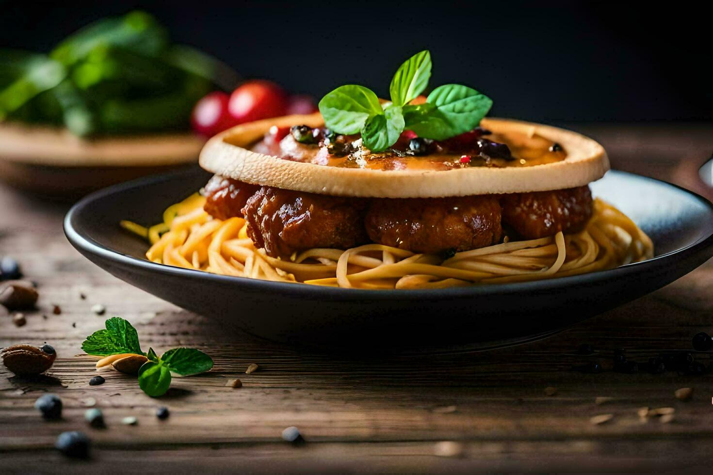spaghetti with meatballs and tomato sauce in a bread. AI-Generated photo