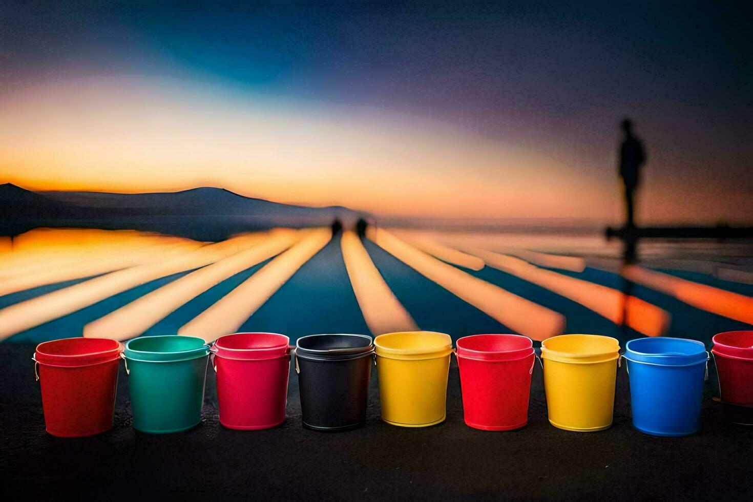 colorful cups lined up on a beach at sunset. AI-Generated photo