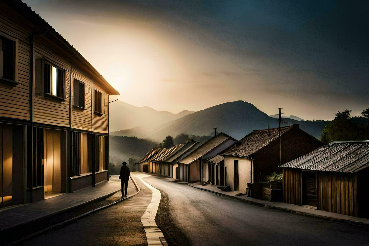 un hombre camina abajo el calle en frente de un montaña. generado por ai foto