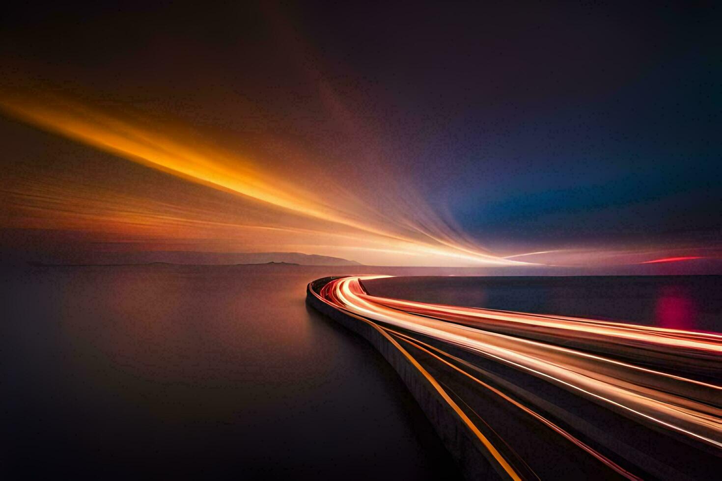 a long exposure photograph of a road and water. AI-Generated photo