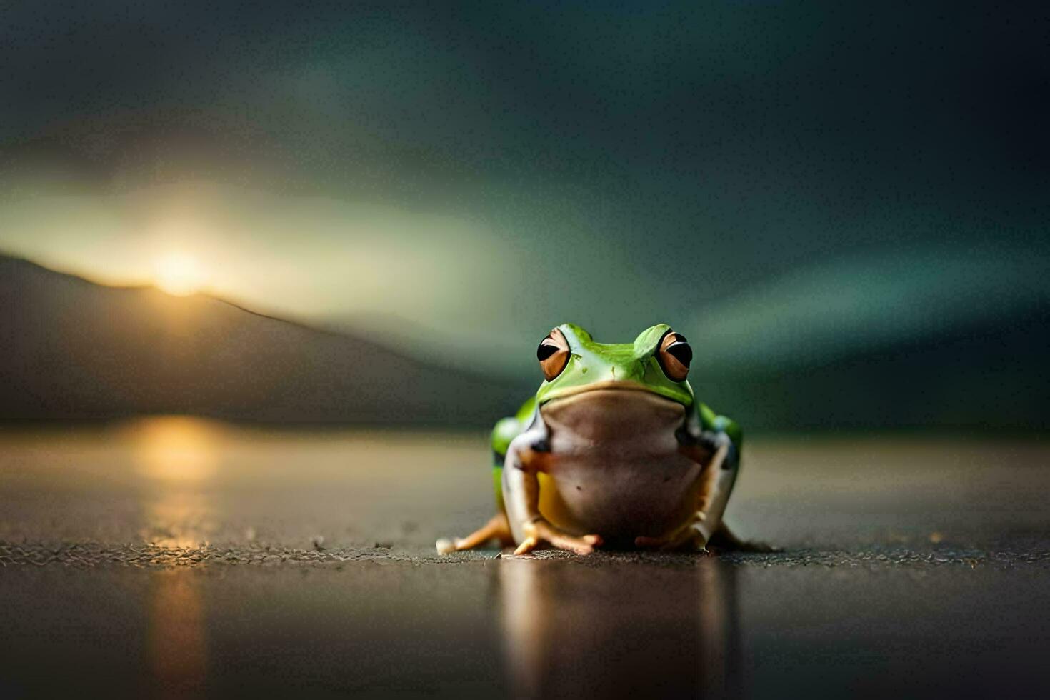 a frog sitting on the ground in front of a sunset. AI-Generated photo