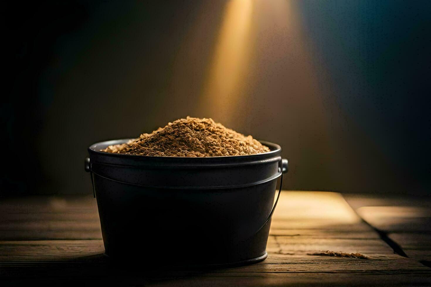 a bucket of sugar on a wooden table. AI-Generated photo