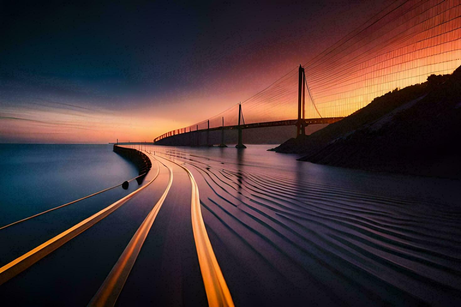 un largo exposición fotografía de un puente a puesta de sol. generado por ai foto