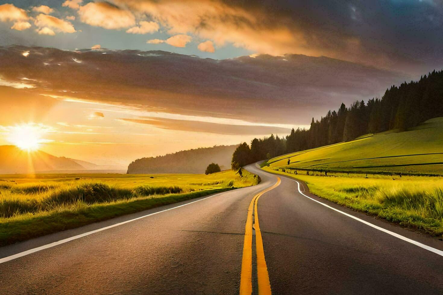 a long road with the sun setting in the distance. AI-Generated photo