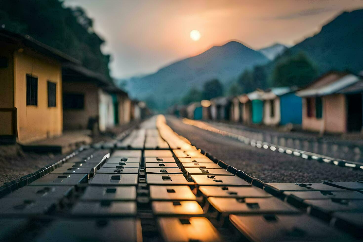 a train track with a sunset in the background. AI-Generated photo