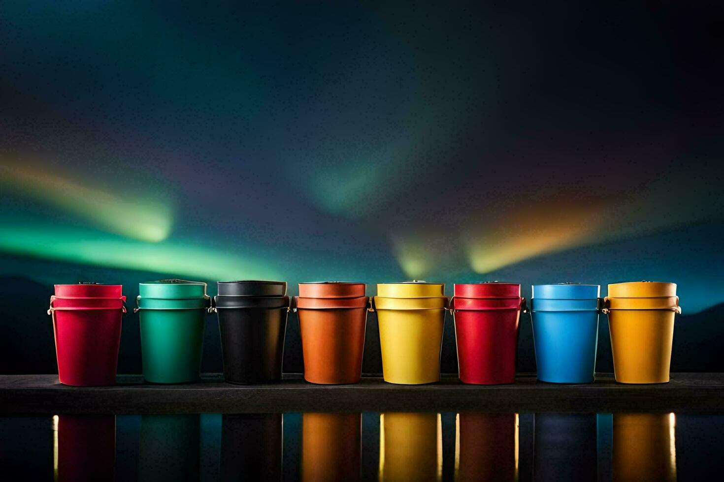 colorful cups lined up against a dark background with aurora lights in the background. AI-Generated photo