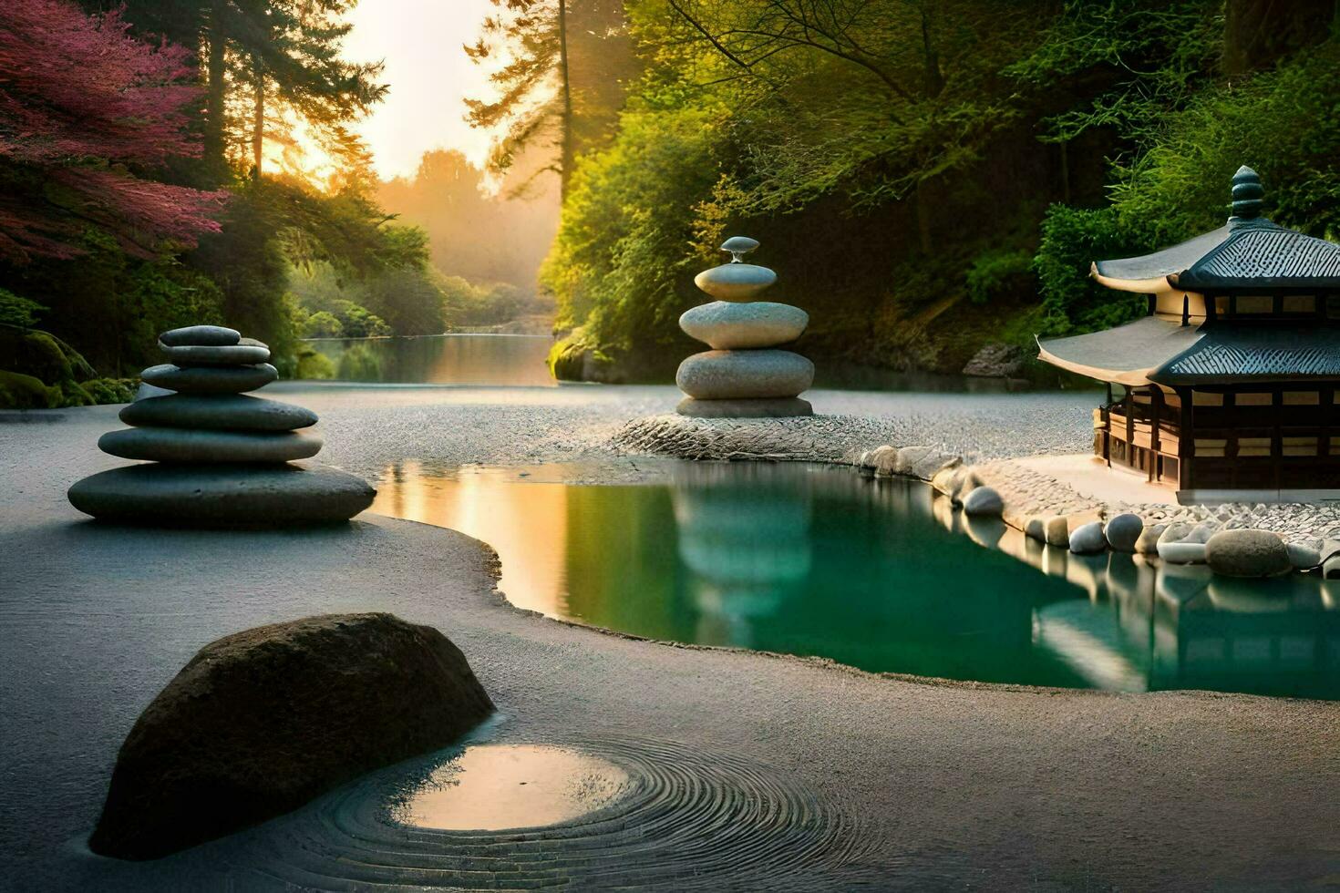 a japanese garden with rocks and water. AI-Generated photo