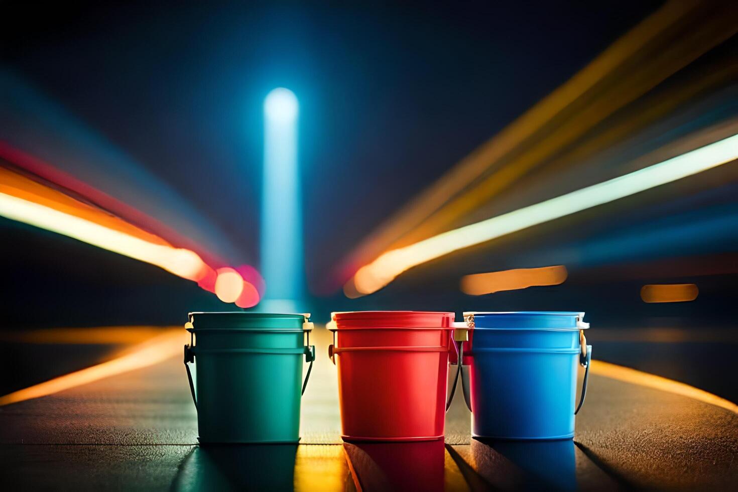 three buckets on a road at night with lights. AIGenerated 33381103