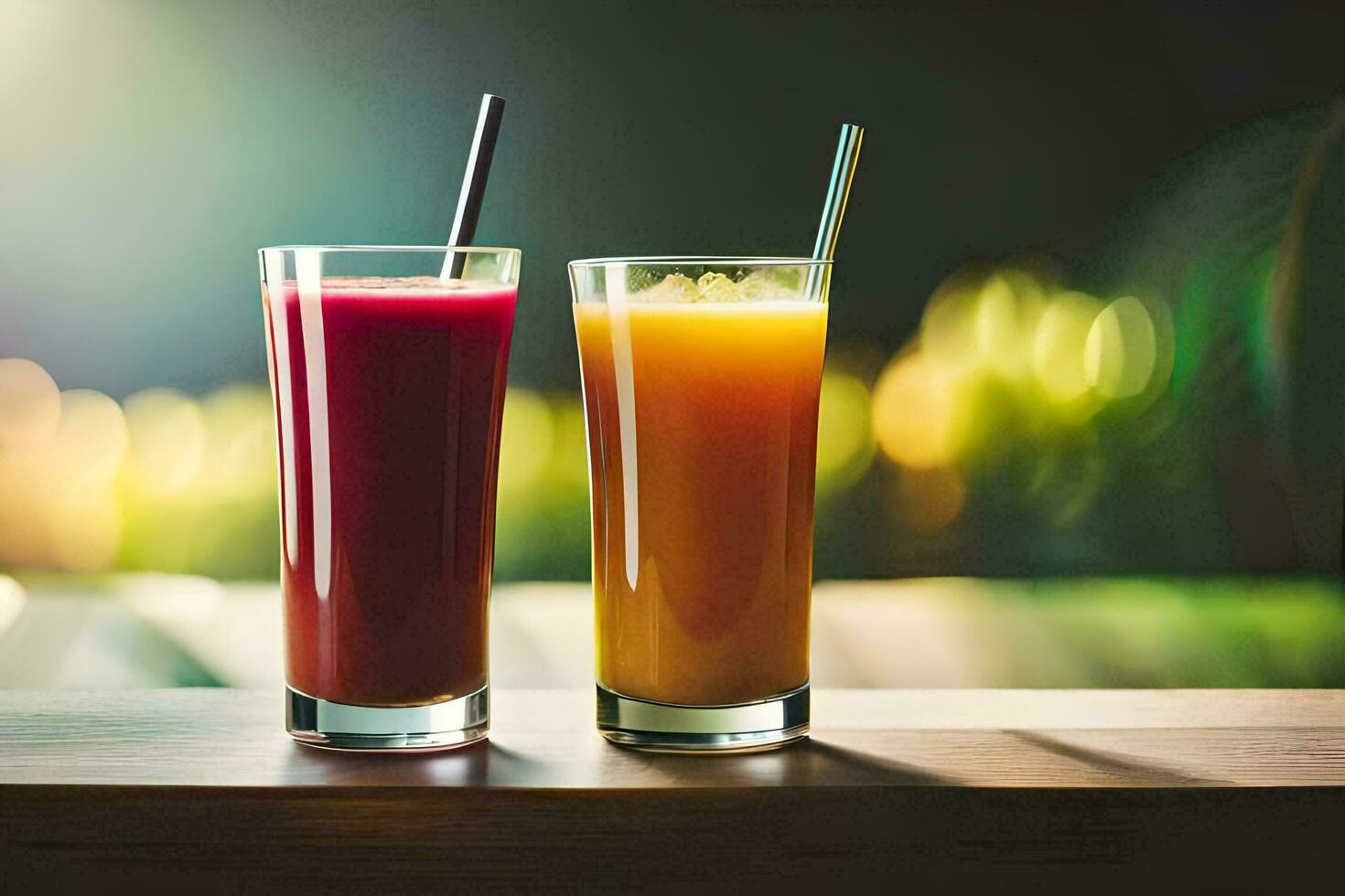 two glasses of juice on a wooden table. AI-Generated photo