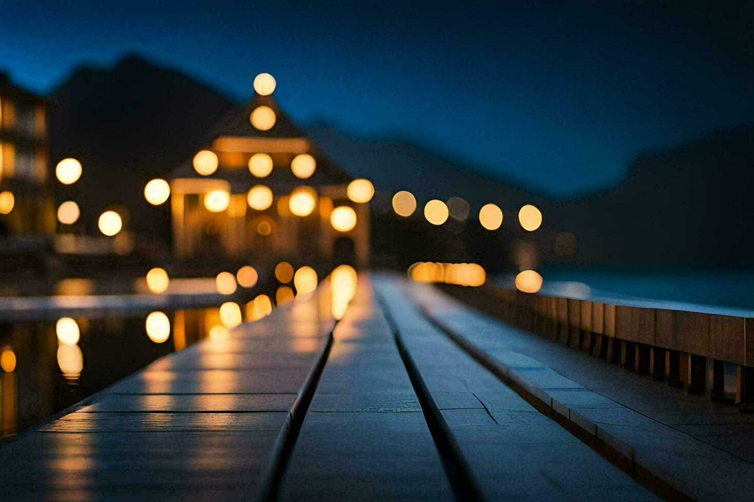 a long pier with lights on it at night. AI-Generated photo
