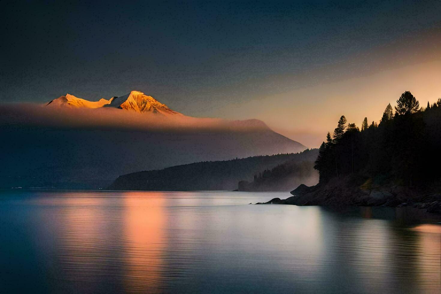 a mountain range is reflected in the water at sunset. AI-Generated photo