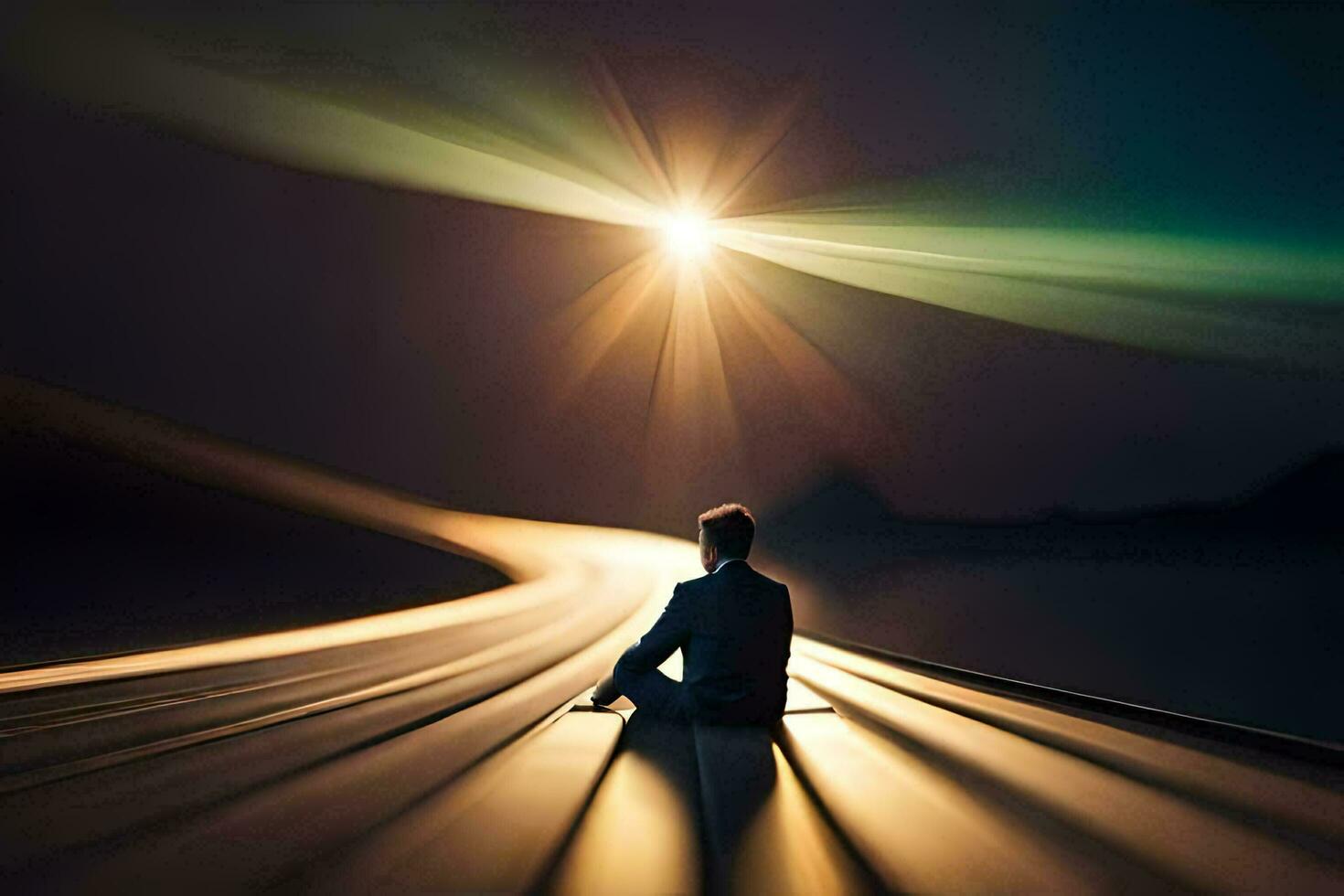 a man sitting on the road looking at the sun. AI-Generated photo