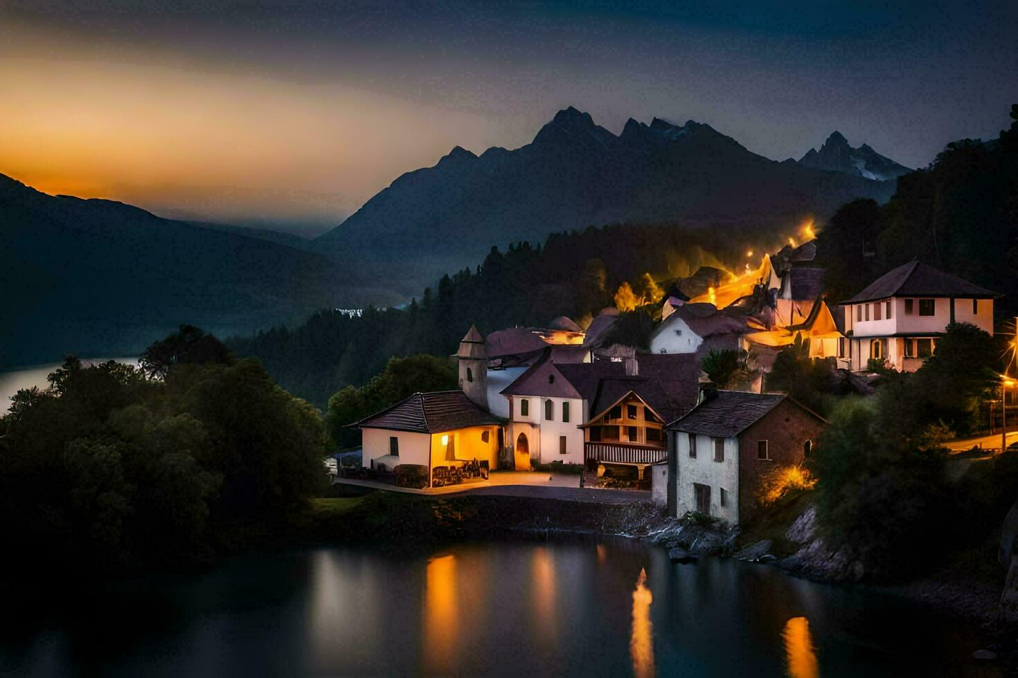 a village in the mountains at dusk. AI-Generated photo