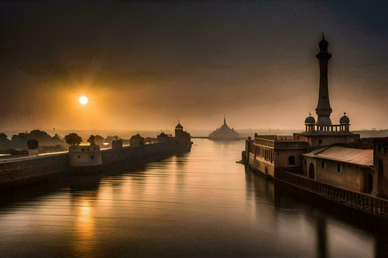 the sun rises over a river and a bridge. AI-Generated photo